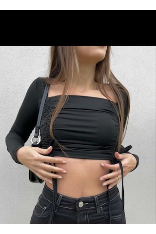 River Island Kadın Siyah Önü Büzgü Detaylı Crop Bluz