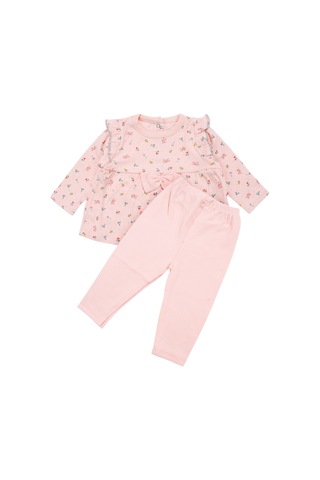 By Bebekodam Kız Bebek Somon Renkli Minik Çiçek Desenli Fırfırlı Pijama Takımı