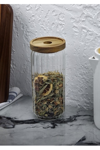 Timber Cam Kavanoz - Çizgili Saklama Kavanozu - Ahşap Kapaklı, 950 Ml