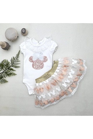 Peruflic 1-2-3 Yaş Payetli Mickey Nakışlı Kısa Kollu Brode Etekli 2li Kız Bebek Takımı Pudra