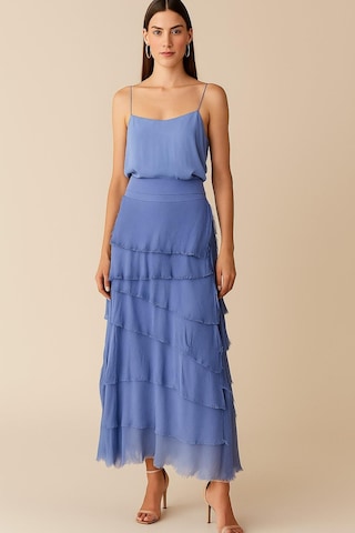 İtalyan 2 Beden Ince Gösteren Kat Kat Ipek Etek & Straplez Elbise İndigo Mavisi