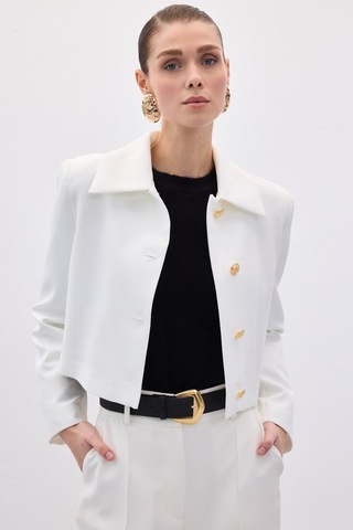 Sateen Düğmeli Kısa Ceket - Ekru-136591 Ekru