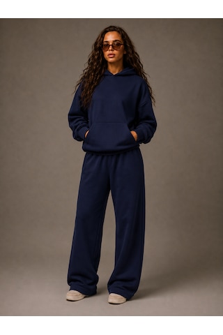Macklin Unisex Kadın Erkek Baskısız Sweatshirt Oversize 3 İplik Kapüşonlu Hoodie Ve Baggy Eşofman Altı Lacivert