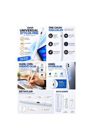 Universal Stylus Kalem Dokunmatik Tablet Telefon Kalemi İos Android Windows Uyumlu Type-c Şarjlı Pil Göstergeli İnce Uçlu Çizim Yazı Kalemi