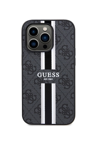 Apple Uyumlu iPhone 14 Pro Max Kılıf Guess Lisanslı Magsafe Şarj Özellikli 4g Şerit Tasarımlı Printed Kapak Siyah