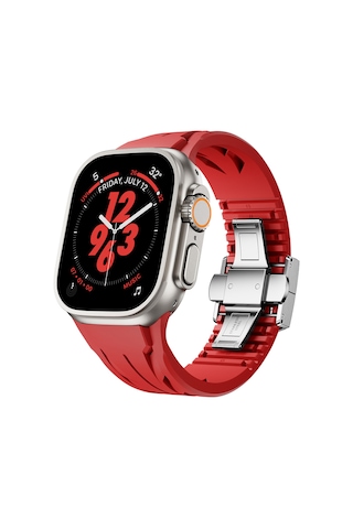 Apple Uyumlu, Watch  Ultra 49mm Krd-127 Metal Tokalı Silikon Kordon-kırmızı