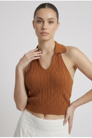 Neden Tekstil Kadın Polo Yaka Sırt Dekolteli Crop Bluz - Camel