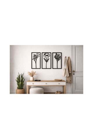 Arliadesign Ahşap 3 Parçalı Dikdörtgen Şeklinde Çiçek Figürleri / Siyah Ahşap 3 Mm Mdf