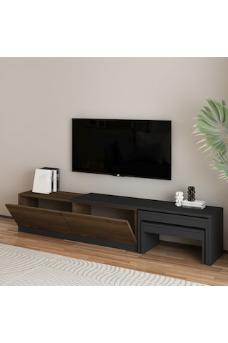Nest Tv Sehpası Modern Tasarım,2 Kapaklı Depolama Ve İkili Zigon Sehpa İle Fonksiyonel Mobilya Antrasit - Ceviz