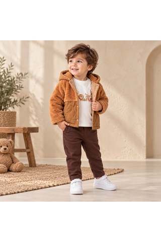 Maxx Kelın Erkek Çocuk Kapüşonlu Peluş Görünümlü Kapitone Mont Pantolon Tişört 3'lü Takım 9-12-18-24 Ay Kahverengi
