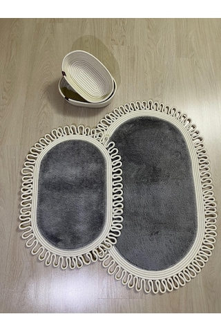 Senza Atelier Lüks 4 Lü Banyo & Antre Seti Fırfırlı Halat Çerçeveli, Peluş Dokulu Kaydırmaz Paspas Takımı Ve Sepetler Açık Gri - Antrasit