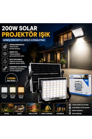 200w Güneş Enerjili Led Işık Solar Projektör - Fener Kamp - Dış Mekan 3 Farklı Led Işık 348961 Lmb 4741