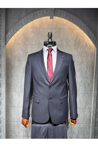 Dupont Classics Dupont Erkek Slim Fit 6 Drop Çizgili Viskon Mono Yaka Çift Düğme Çift Yırtmaç 2 Li Takım Elbise Lacivert
