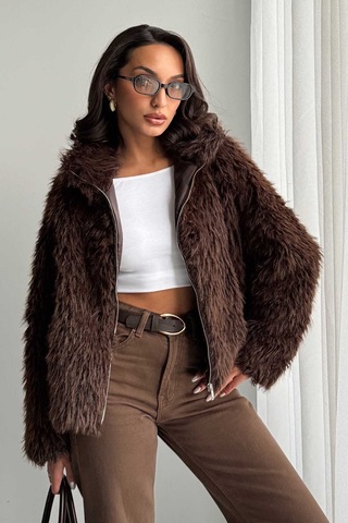 Verymoda Yapay Kürk Kadın Ceket Fermuarlı, Yumuşak Dokulu Modern Kışlık Mont F2037 Koyu Kahve