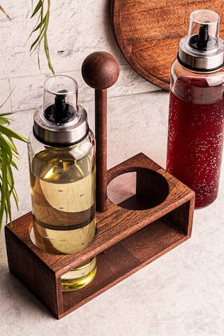 Boily - Ahşap Stantlı 2'li 500 ml Borosilikat Zeytinyağı Sıvıyağ Şişesi Yağdanlık Yağlık