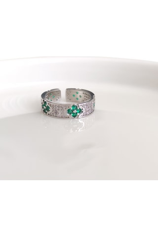 Xupıng 14 Numaraya Kadar Ayarlanabilir Yeşil Çiçek Detaylı Yüzük Beyaz