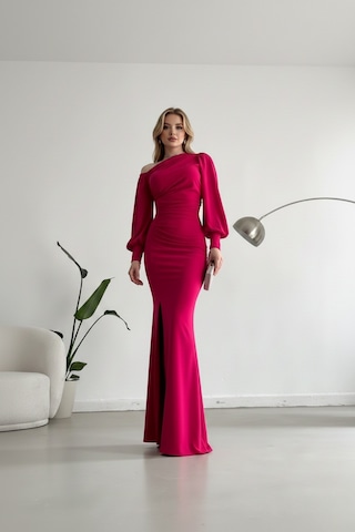 Defymoda Kadın Tek Omuz Yırtmaçlı A Kesim Şık Elbise Pembe