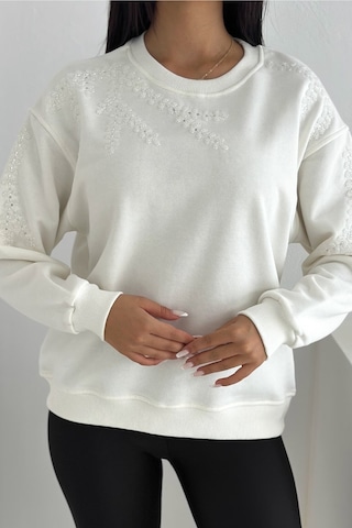 Femelle Beyaz Boncuk Ve Pul İşlemeli %100 Pamuk Sweatshirt - Svt14