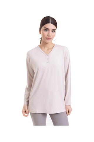 Kadın Orta Yaş ve Üzeri Dört Mevsim V Yaka Rahat Kalıp Likralı Viskoz Anne Penye Bluz 140-Krem Rengi Krem