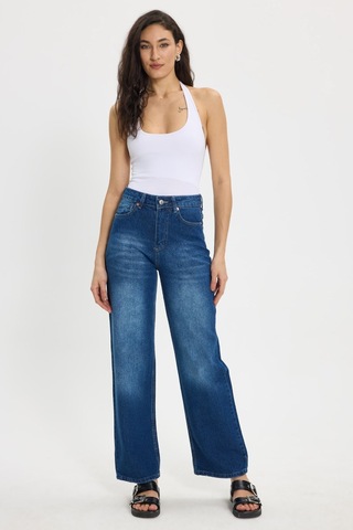 Tudors Kadın Relax Fit Rahat Kesim %100 Pamuk Cepli Geniş Paça Lacivert Jean Kot Pantolon-50734
