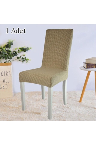 StarMall Tuğla Desen Likrali Jakarlı Kümaş Sandalye Örtüsü, Lastikli, Esnekli Sandalye Kılıfı 1 Adet Bej