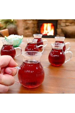 6'lı Keyfi Ala Çizgili Borosilikat Cam Kulplu Çay Bardağı 220ml