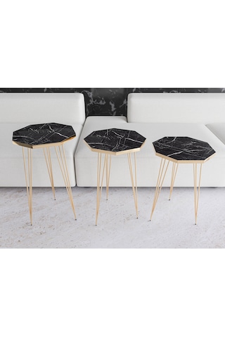 Zigon Sehpa 3'lü Sekizgen Takım Altın Tel Ayaklı Siyah Mermer-Gold