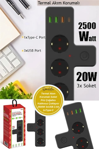 Termal Akım Korumalı Soket Priz Çoğaltıcı Kablosuz Çoklayıcı 2500w 3xusb 2.4a 1xtype-c Diğer