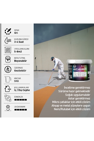 Alkoru 5 Kg Gri Likit Membran Renkli Reçine Esaslı