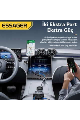 Essager 150w Araç Çakmaklık Çoklayıcı 2 Çakmaklık + 3 Usb-a + 2 Type-c 30w Hızlı Şarj 12v-24v Uyumlu