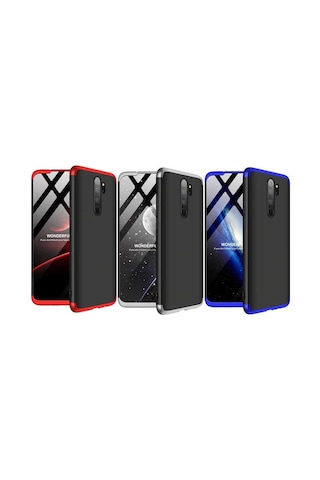 Noktaks - Redmi Note 8 Pro Uyumlu Kılıf Parmak İzi Tutmayan Alt Üst Geçmeli 3 Parça Ays Kapak - Mavi - T10537