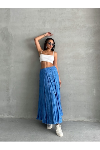 Kadın Buruşuk Modal Dokulu Soft Uzun Etek Mavi