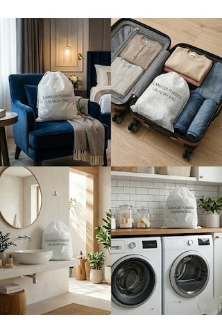50 Adet Baskılı Çamaşır Torbası - 40x50 Cm Büzgülü Tela- Su İtici & Geri Dönüştürülebilir Otel Tipi Beyaz