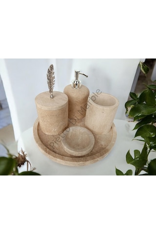 Sarı Traverten Klasik Model 5 Parça Gümüş Renk Kuş Tüyü Aksesuarlı Banyo Seti Sarı Traverten