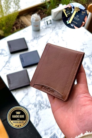 Taba Kelebek Model Gerçek Deri Erkek Isme Özel Baskılı Cüzdan Taba
