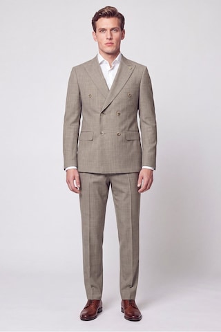Efor Slim Fit %96 Yünlü Çift Yırtmaç Çizgili Bej Kruvaze Takım Elbise Tk 954