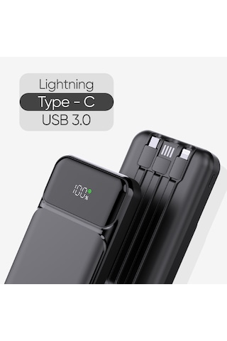 Snp-3006 10.000 Mah Hızlı Şarj Led Göstergeli Powerbank 3in1 Dahili Kablolu Powerbank Çoklu Giriş Siyah