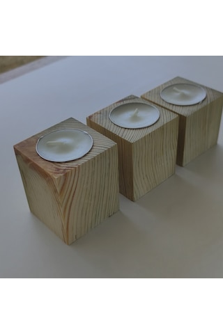 Doğal Ahşap Küp Mumluk 5 X 5 Cm 3 Lü Set Mum Dahil