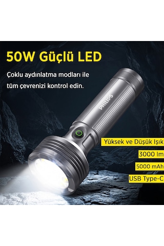 Philips Sfl6253 3000 Lümen 50w Led El Feneri Metal Gövdeli 9 Modlu Çıkarılabilir Pilli Şarj Edilebilir Çift Açılı Flashlight