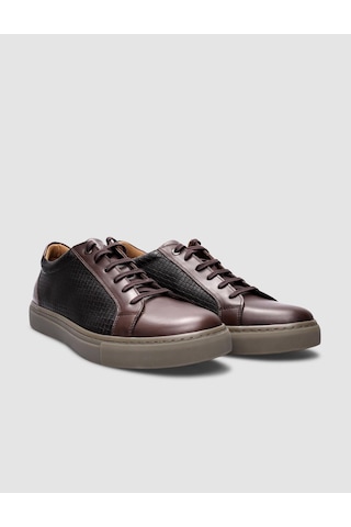 %100 Hakiki Deri Kahverengi Kare Desenli Bağcıklı Erkek Sneaker-kahverengi Kahverengi