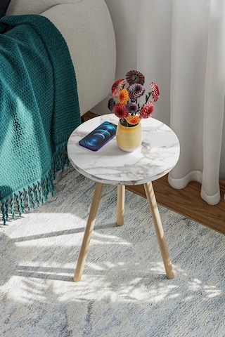 İntergo Yuvarlak Ahşap Ayaklı Tekli Zigon Yan Sehpa Beyaz Mermer