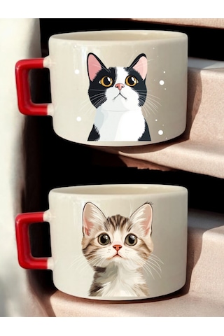 Tatlı Kedi Baskılı 2'li Kahve Fincanı Seramik Kupa - Öğretmenler Günü Hediyesi, Öğretmene Hediye Beyaz
