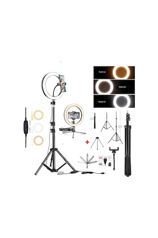 Ring Light Youtuber Tiktok Çekim Telefon Tutucu Makyaj Işığı 10 Inç +2.1 Mt Tripod+ Masa Ayaklı