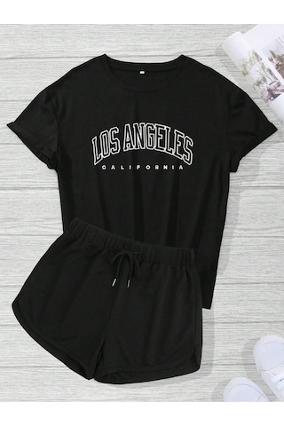 Harmandar Kadın Los Angeles Baskılı T-shirt Şort Takım Siyah-siyah