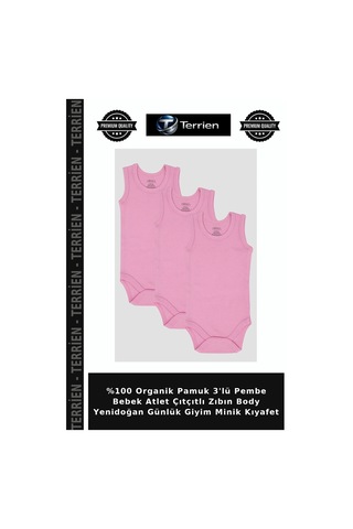 Terrien %100 Organik Pamuk 3'lü Pembe Bebek Atlet Çıtçıtlı Zıbın Body Yenidoğan Günlük Giyim Minik Kıyafet