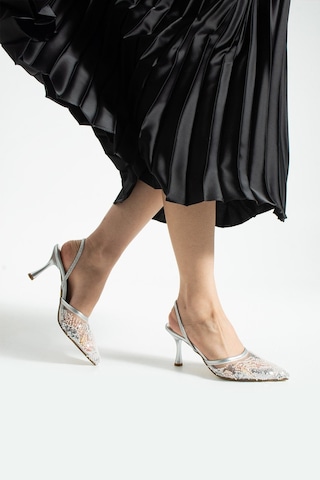 Lebibe Shoes Perıe Gümüş Kadın 7 Cm Topuklu Pullu Payetli Bantlı Abiye Gelin Düğün Ayakkabısı Terliği