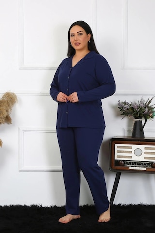 Lenaca Kadın Büyük Beden Pamuklu Cepli Düğmeli Lacivert Pijama Takım Lacivert