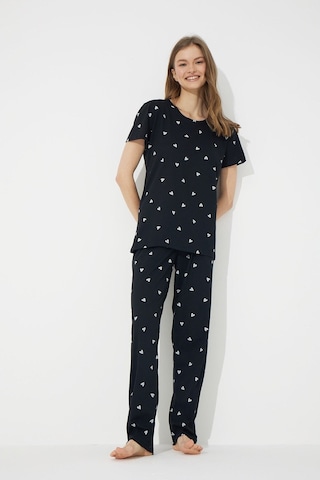Siyah İnci Siyah Beyaz Kalp Desenli Kısa Kollu Pamuklu Pijama Takımı