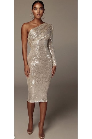 Hanife Glam Couture Hanife Glam Pulpayet Işlemeli Tek Kollu Midi Elbise Gümüş