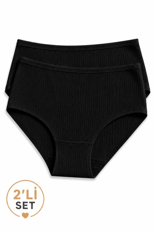 İpeksi Collection %100 Pamuklu Yüksek Bel Fitilli Günlük Külot 2'li Paket Siyah